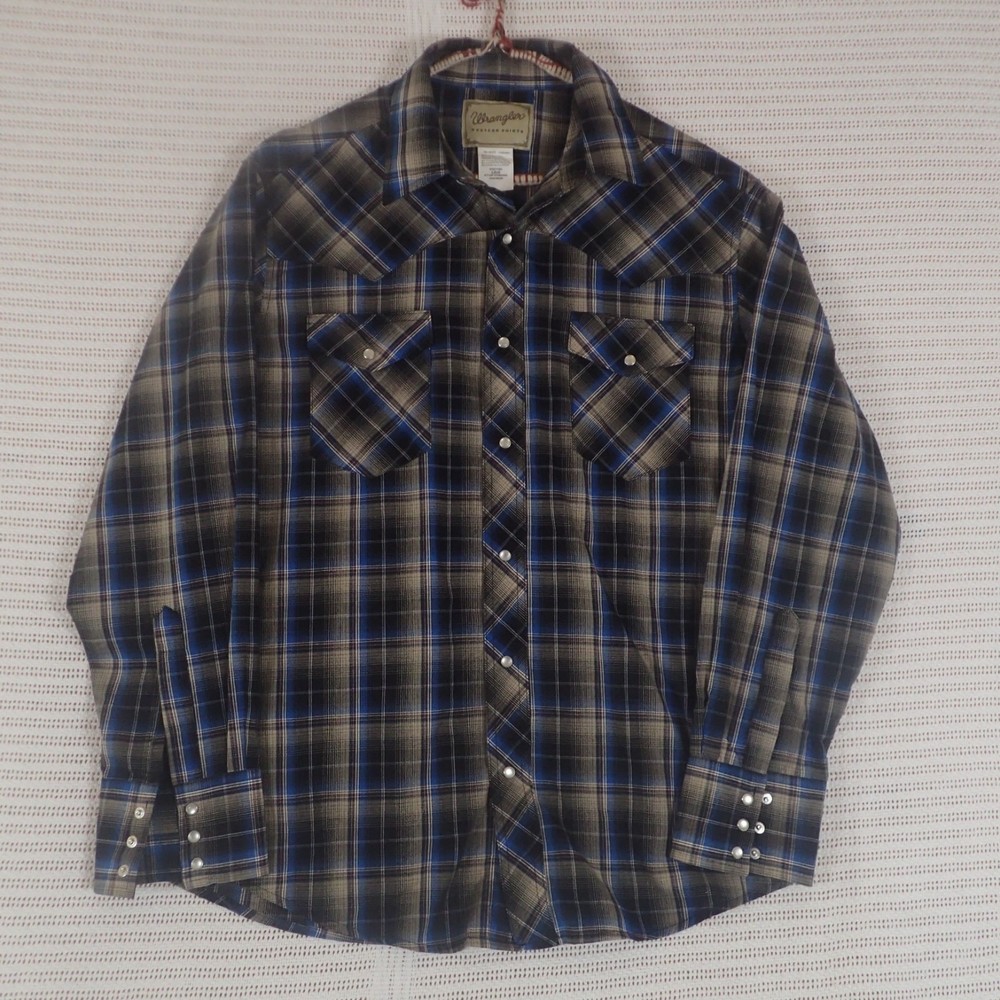 Wrangler Western Shirts Long Sleeve Men's Blue Tan Black Pearl Snaps Size: Large
